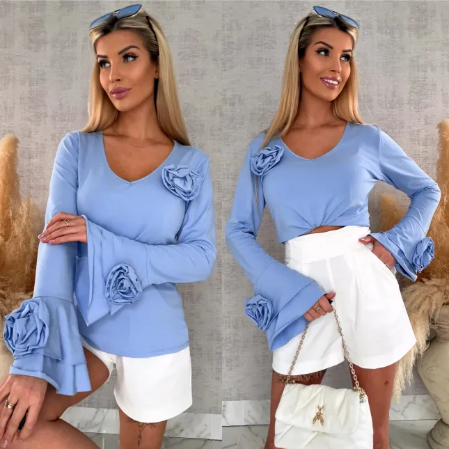 Bawełniana bluzka z kwiatami i dzwonkami ONE SIZE blue - R668