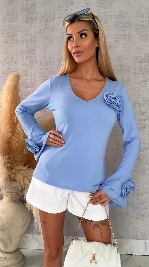 Bawełniana bluzka z kwiatami i dzwonkami ONE SIZE blue - R668