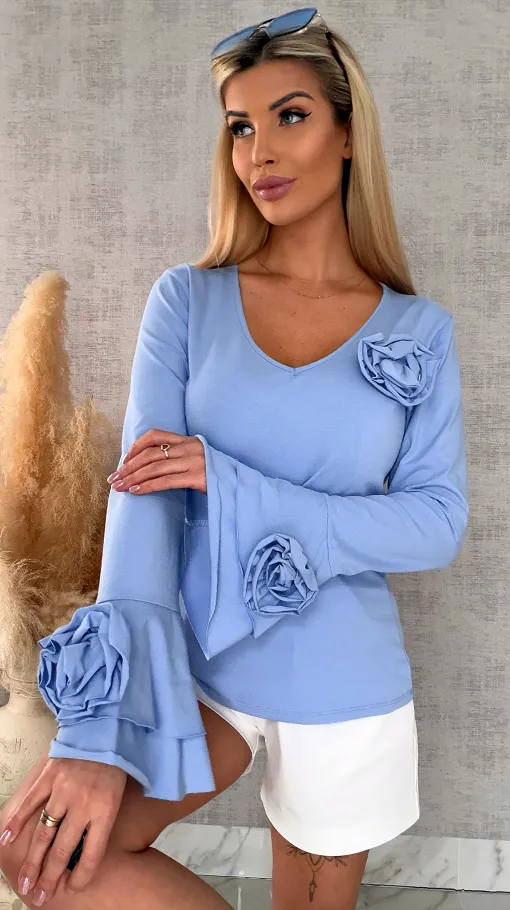 Bawełniana bluzka z kwiatami i dzwonkami ONE SIZE blue - R668