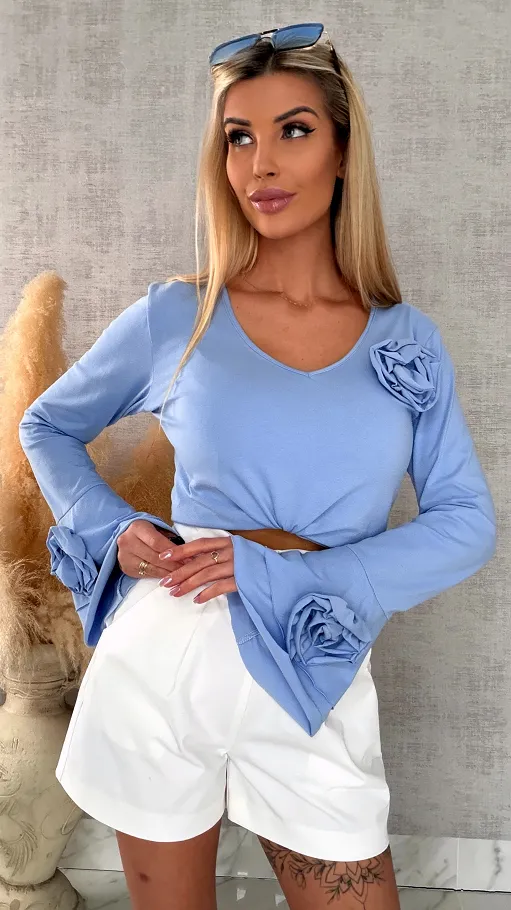 Bawełniana bluzka z kwiatami i dzwonkami ONE SIZE blue - R668