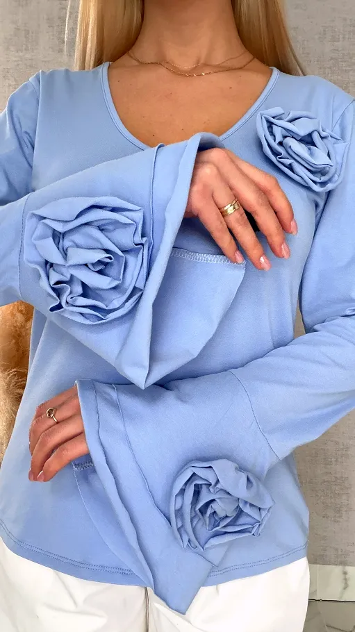 Bawełniana bluzka z kwiatami i dzwonkami ONE SIZE blue - R668