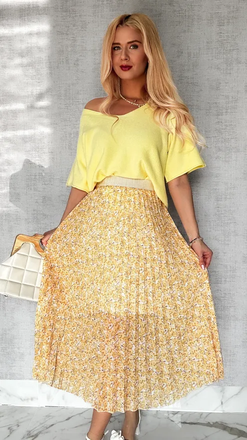 Długa plisowana spódnica w żółte kwiaty ONE SIZE - P304
