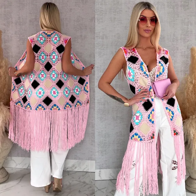 Oryginalna różowa narzutka BOHO kamizelka z frędzlami ONE SIZE - R701C