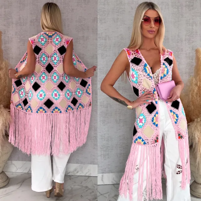 Oryginalna różowa narzutka BOHO kamizelka z frędzlami ONE SIZE - R701C