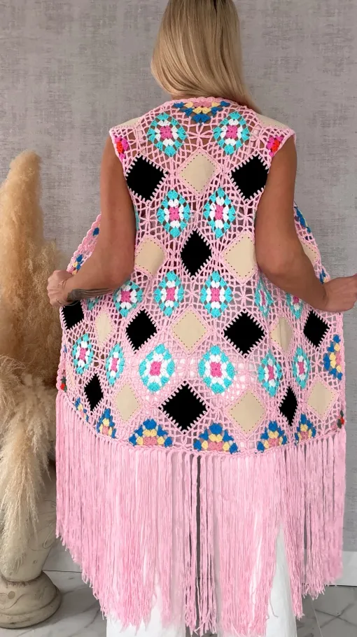 Oryginalna różowa narzutka BOHO kamizelka z frędzlami ONE SIZE - R701C