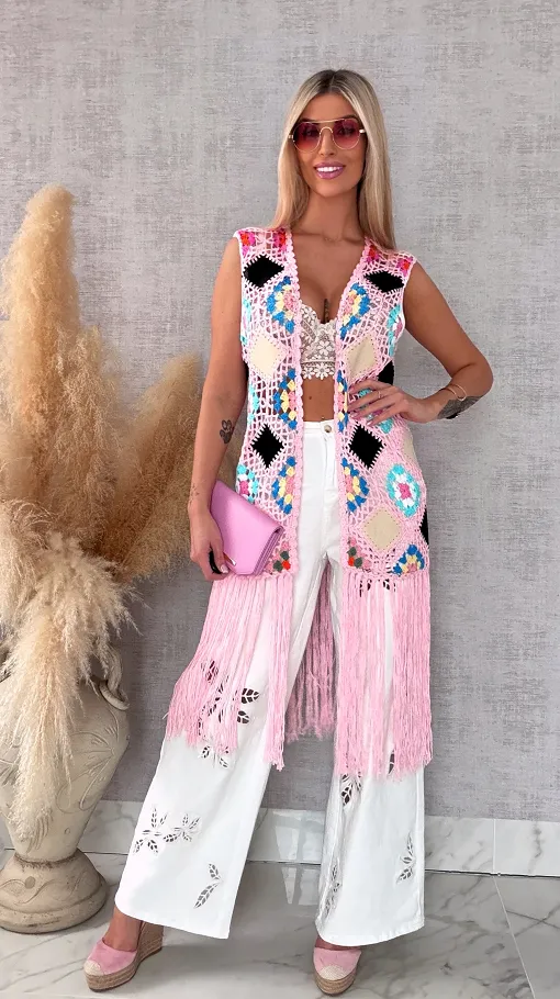 Oryginalna różowa narzutka BOHO kamizelka z frędzlami ONE SIZE - R701C
