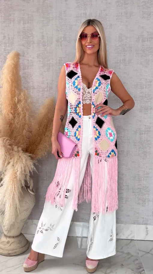 Oryginalna różowa narzutka BOHO kamizelka z frędzlami ONE SIZE - R701C
