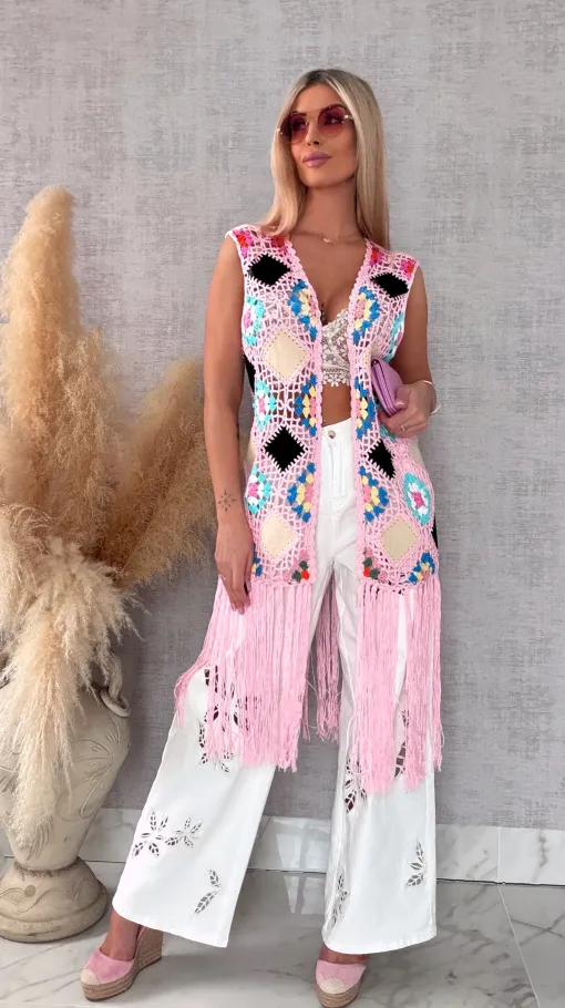 Oryginalna różowa narzutka BOHO kamizelka z frędzlami ONE SIZE - R701C