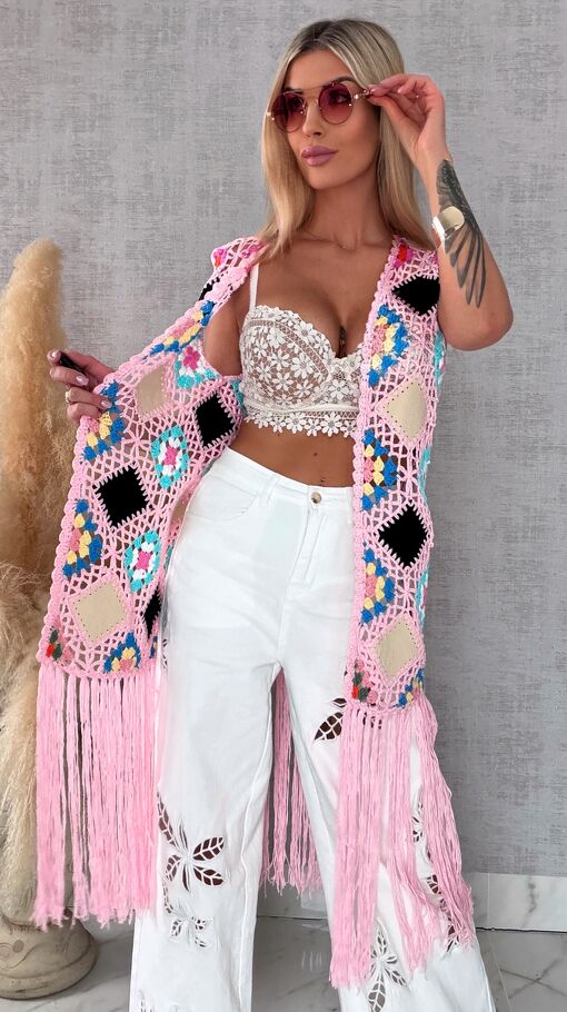 Oryginalna różowa narzutka BOHO kamizelka z frędzlami ONE SIZE - R701C