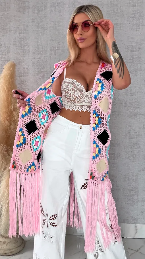 Oryginalna różowa narzutka BOHO kamizelka z frędzlami ONE SIZE - R701C