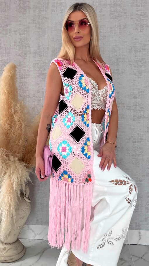 Oryginalna różowa narzutka BOHO kamizelka z frędzlami ONE SIZE - R701C