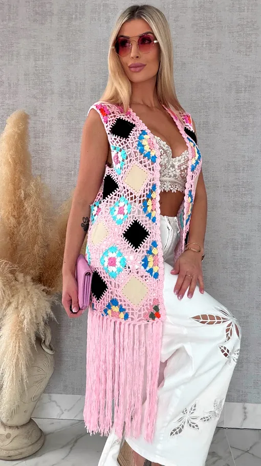 Oryginalna różowa narzutka BOHO kamizelka z frędzlami ONE SIZE - R701C