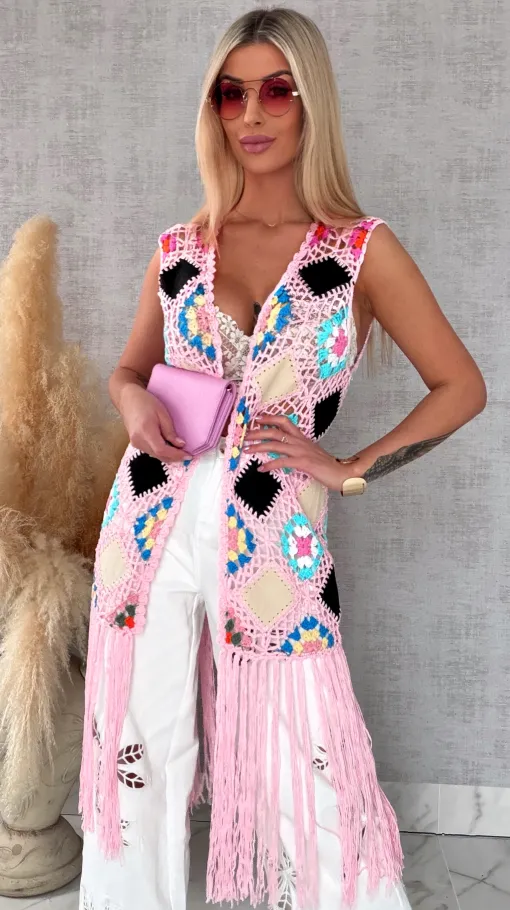 Oryginalna różowa narzutka BOHO kamizelka z frędzlami ONE SIZE - R701C