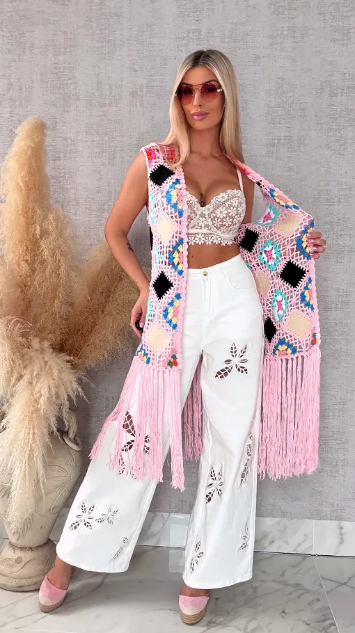 Oryginalna różowa narzutka BOHO kamizelka z frędzlami ONE SIZE - R701C