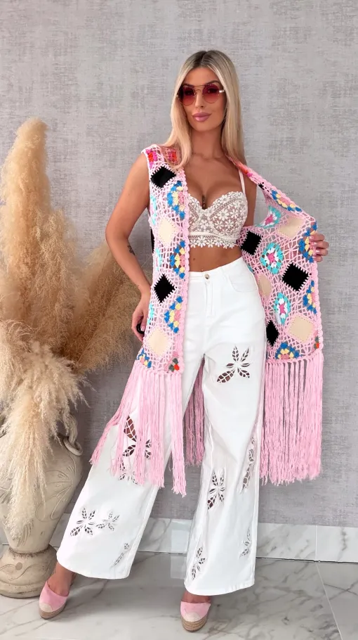 Oryginalna różowa narzutka BOHO kamizelka z frędzlami ONE SIZE - R701C