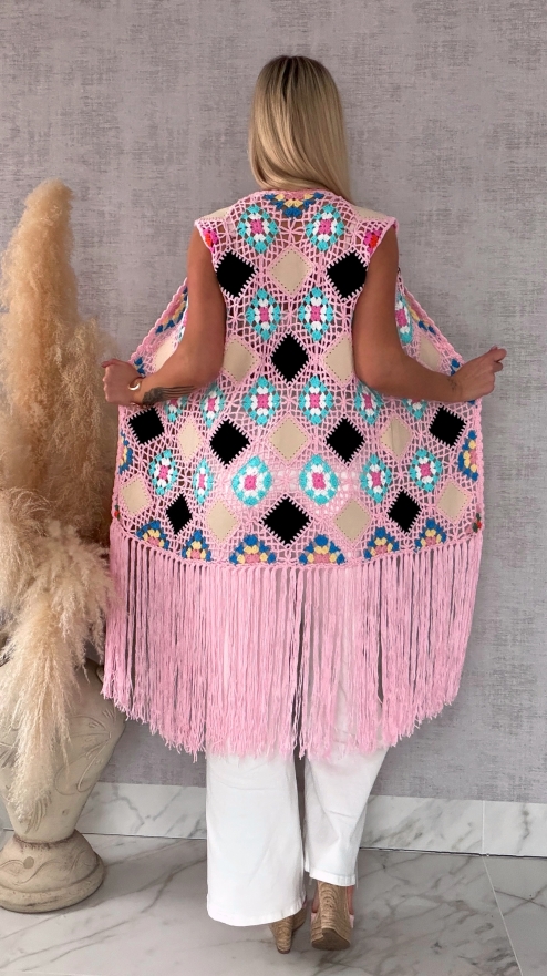 Oryginalna różowa narzutka BOHO kamizelka z frędzlami ONE SIZE - R701C