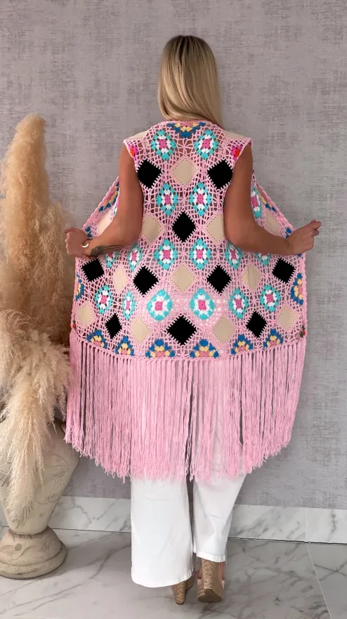 Oryginalna różowa narzutka BOHO kamizelka z frędzlami ONE SIZE - R701C