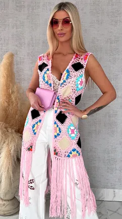 Oryginalna różowa narzutka BOHO kamizelka z frędzlami ONE SIZE - R701C