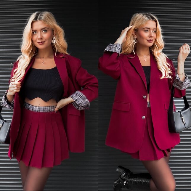 Cudowny bordowy komplet luźna MARYNARKA + plisowana spódnica - R386A