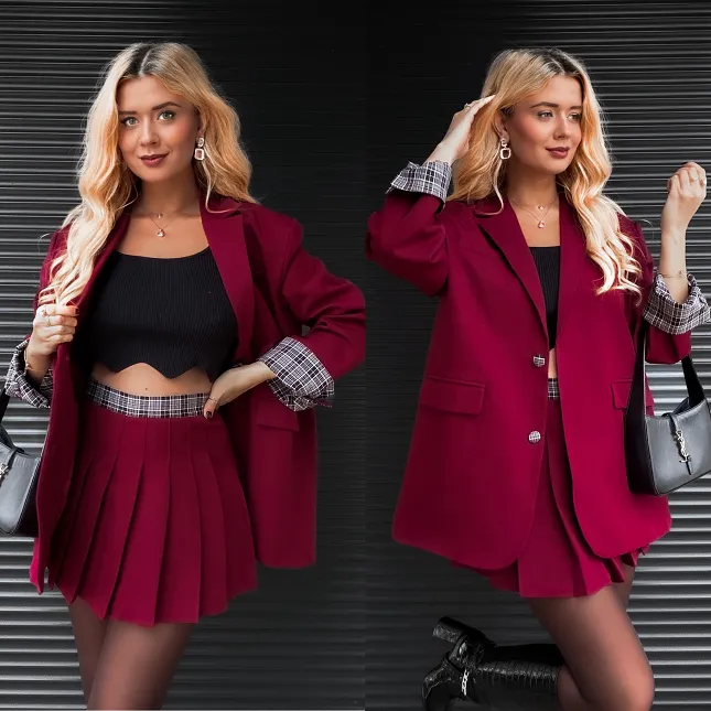 Cudowny bordowy komplet luźna MARYNARKA + plisowana spódnica - R386A