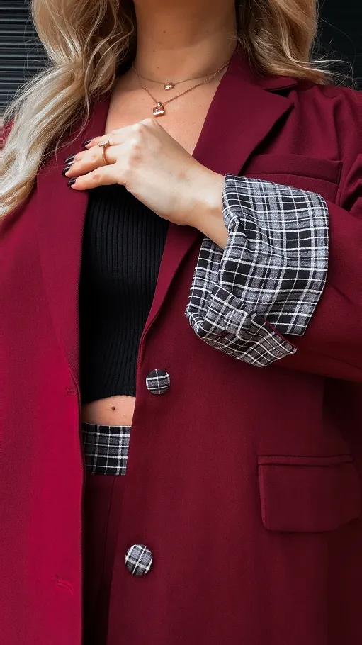 Cudowny bordowy komplet luźna MARYNARKA + plisowana spódnica - R386A