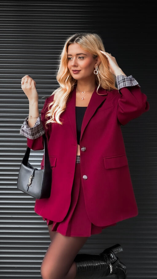 Cudowny bordowy komplet luźna MARYNARKA + plisowana spódnica - R386A