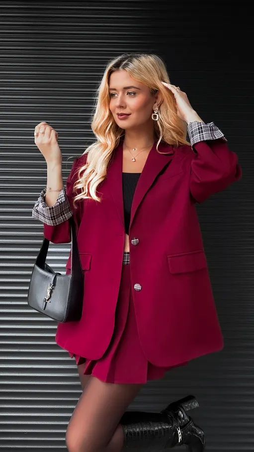 Cudowny bordowy komplet luźna MARYNARKA + plisowana spódnica - R386A