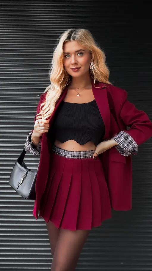 Cudowny bordowy komplet luźna MARYNARKA + plisowana spódnica - R386A