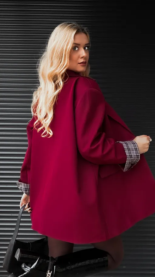 Cudowny bordowy komplet luźna MARYNARKA + plisowana spódnica - R386A