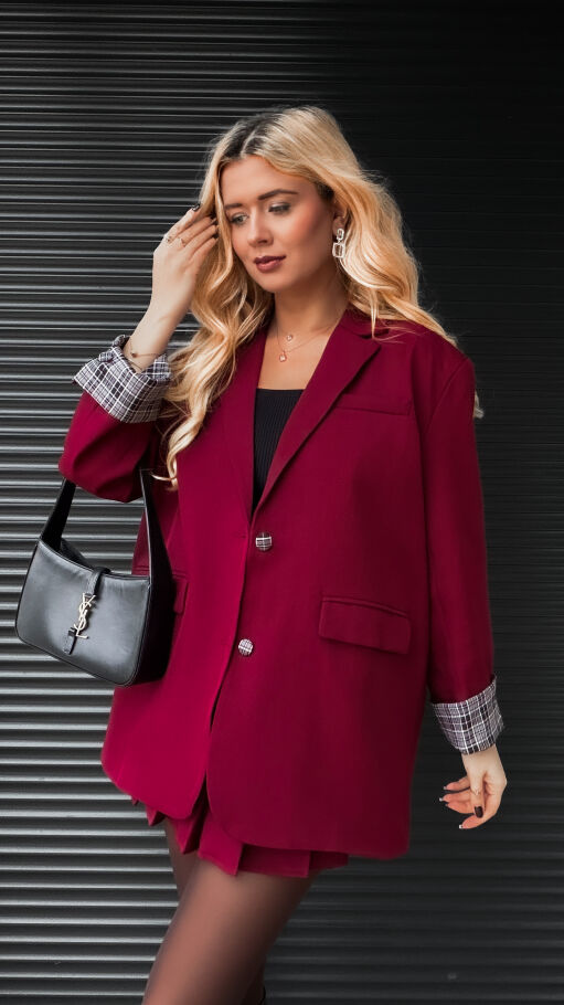 Cudowny bordowy komplet luźna MARYNARKA + plisowana spódnica - R386A