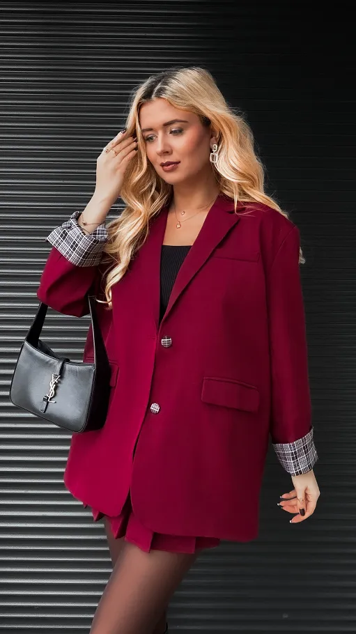 Cudowny bordowy komplet luźna MARYNARKA + plisowana spódnica - R386A