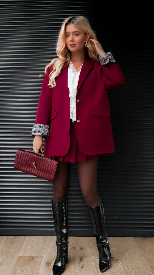Cudowny bordowy komplet luźna MARYNARKA + plisowana spódnica - R386A
