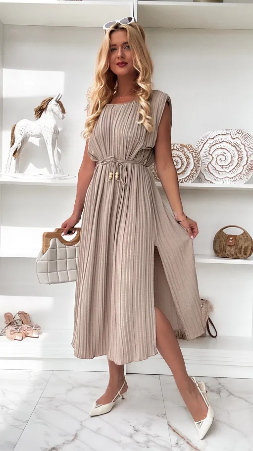 MAXI plisowana sukienka na lato w beżowym kolorze ONE SIZE - P838B