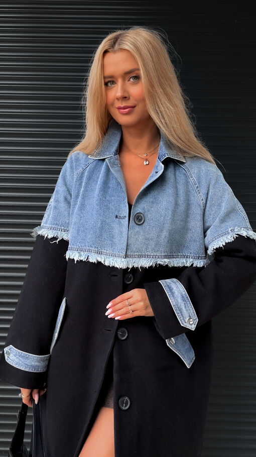 Stylowy długi płaszcz z flauszu łączony z jeansem ONE SIZE czarny - S451A
