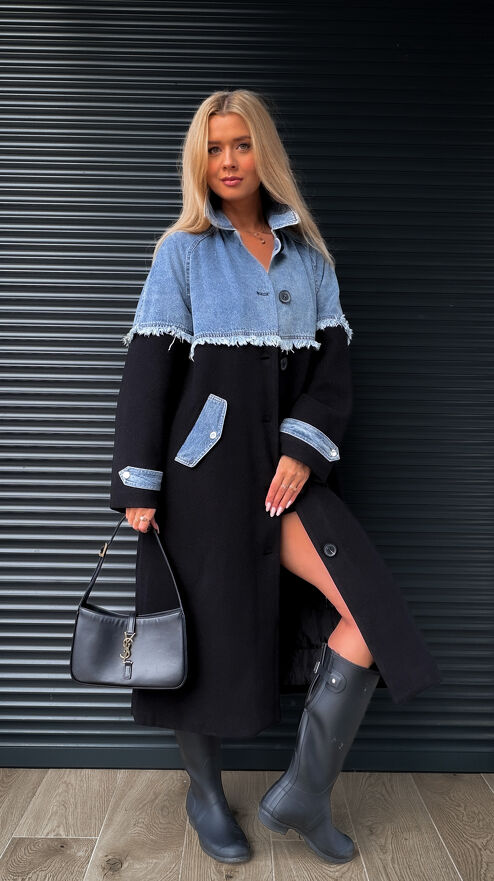 Stylowy długi płaszcz z flauszu łączony z jeansem ONE SIZE czarny - S451A