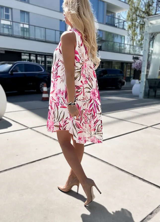 Plisowana mini sukienka w różowe kwiaty ONE SIZE z podszewką - N144