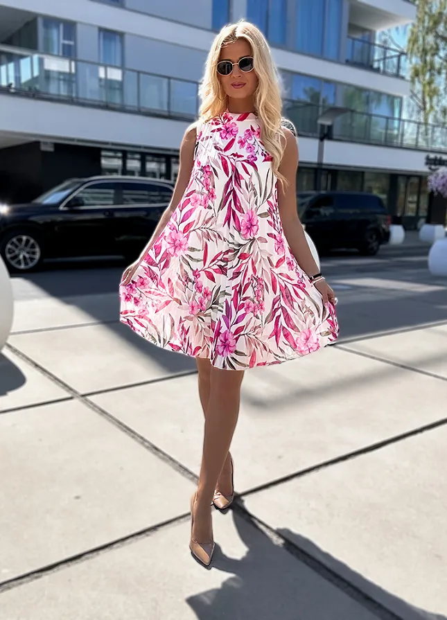 Plisowana mini sukienka w różowe kwiaty ONE SIZE z podszewką - N144