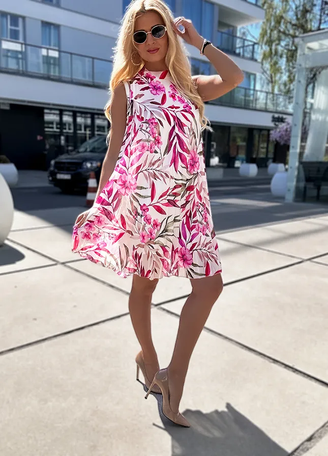 Plisowana mini sukienka w różowe kwiaty ONE SIZE z podszewką - N144