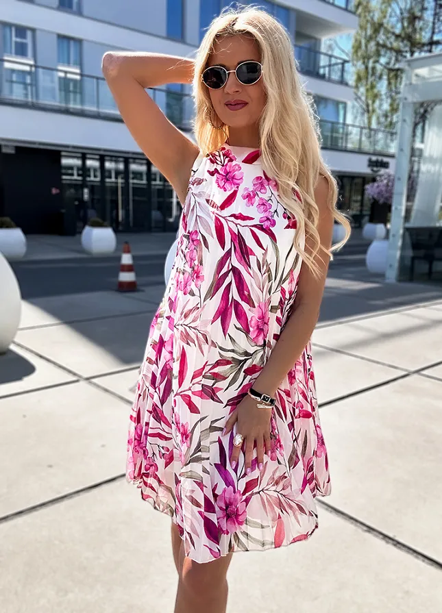 Plisowana mini sukienka w różowe kwiaty ONE SIZE z podszewką - N144