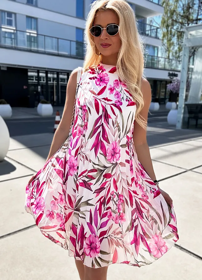 Plisowana mini sukienka w różowe kwiaty ONE SIZE z podszewką - N144