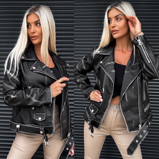 Luźna kurtka przejściowa BIKER z eko skóry w przecieranym stylu BLACK - S345