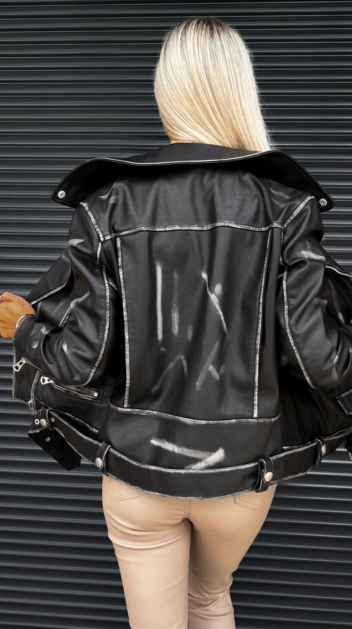 Luźna kurtka przejściowa BIKER z eko skóry w przecieranym stylu BLACK - S345