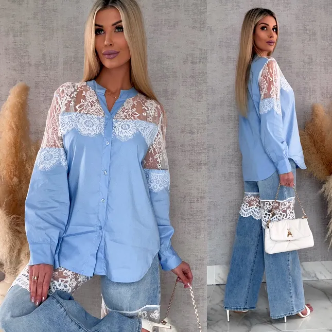 Bawełniana koszula z koronkowym dekoltem ONE SIZE blue - R684A