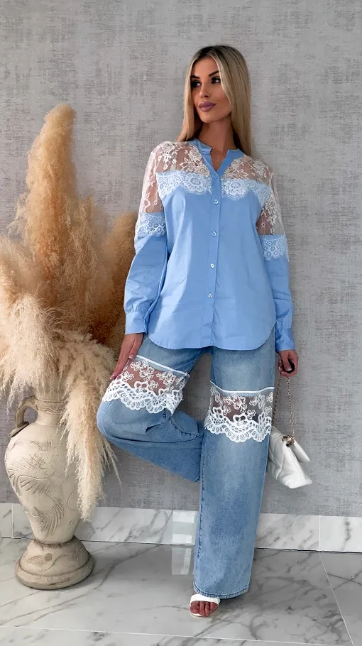 Bawełniana koszula z koronkowym dekoltem ONE SIZE blue - R684A