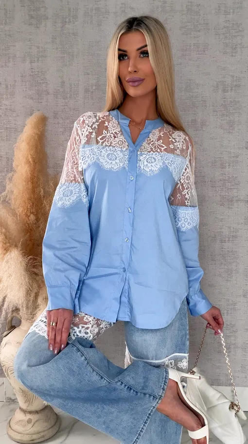 Bawełniana koszula z koronkowym dekoltem ONE SIZE blue - R684A