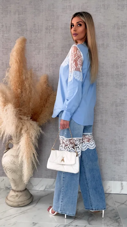 Bawełniana koszula z koronkowym dekoltem ONE SIZE blue - R684A