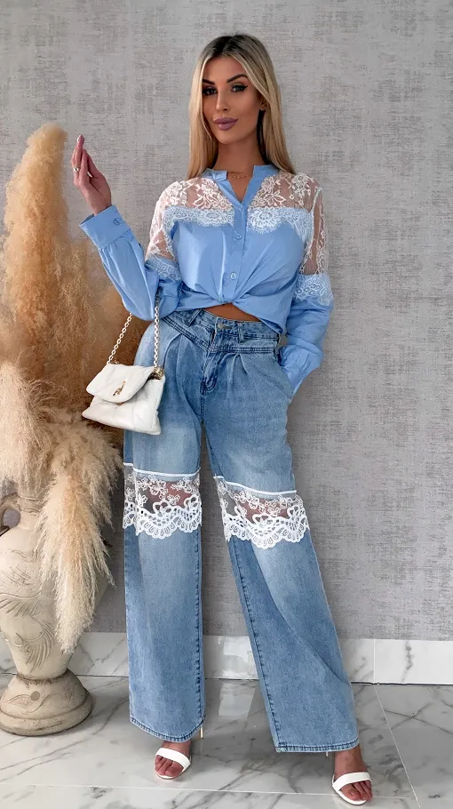 Bawełniana koszula z koronkowym dekoltem ONE SIZE blue - R684A