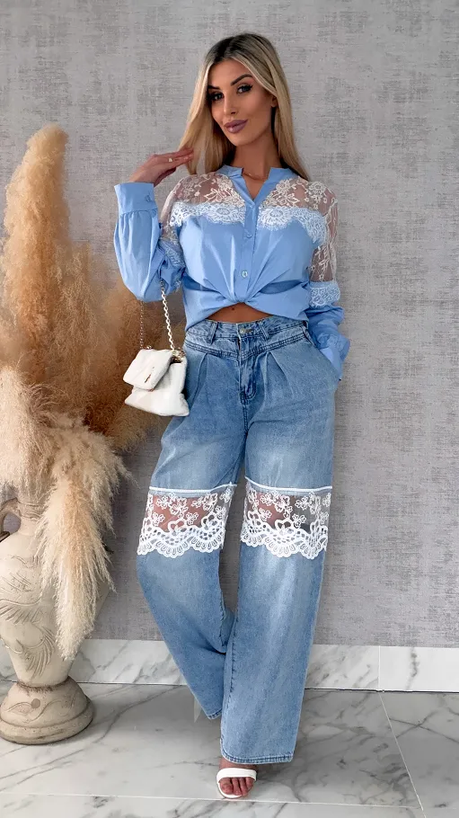 Bawełniana koszula z koronkowym dekoltem ONE SIZE blue - R684A