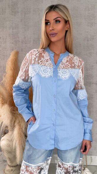 Bawełniana koszula z koronkowym dekoltem ONE SIZE blue - R684A