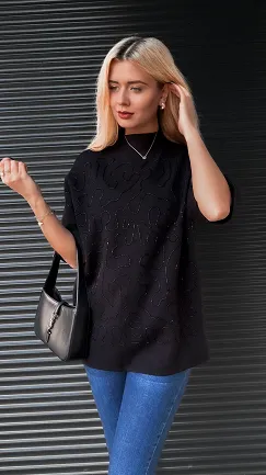 Luźny sweter półgolf w kolorze CZARNYM z koralikami - R329A